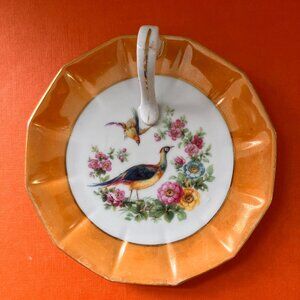 1920 Apricot Coloured Peacock and Floral Trinket Dish